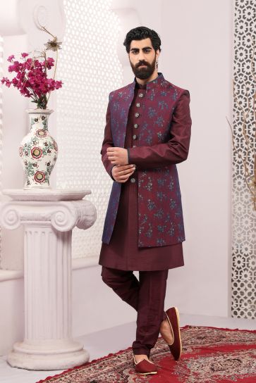 Majestic Wine Color Jacquard Silk Embroidered Work Wedding Function Readymade Designer Indo Western For Men