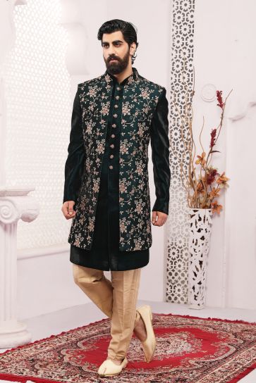 Glamorous Dark Green Color Velvet Embroidered Work Wedding Function Readymade Trendy Indo Western For Men