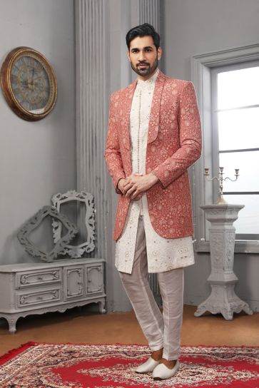 Graceful Pink Color Fancy Embroidered Work Wedding Function Readymade Stylish Indo Western For Men
