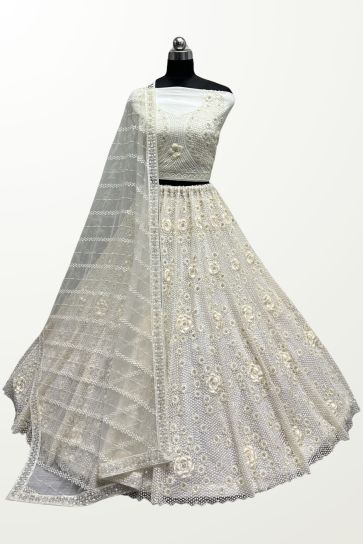 Fabulous Sequins Work Net Fabric White Color Bridal Lehenga