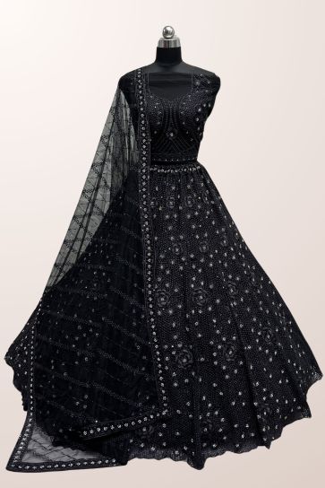 Net Fabric Captivating Black Color Sequins Work Bridal Lehenga