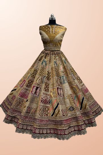 Mustard Color Velvet Fabric Embroidered Work Glamorous Look Bridal Lehenga