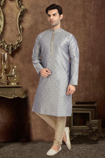Grey Color Function Wear Alluring Kurta Pyjama In Jaqurd Silk Fabric