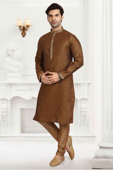 Dazzling Brown Color Jaqurd Silk Fabric Kurta Pyjama In Function Wear