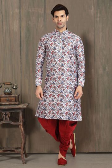 Sangeet Wear Radiant Off White Color Printed Kurta Pyjama In Art Silk Fabric