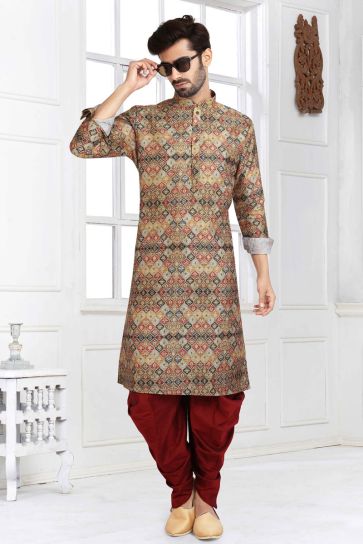 Multi Color Art Silk Fabric Printed Kurta Pyjama In Sangeet Wear