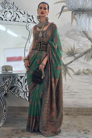 Art Silk Fabric Printed Dark Green Color Festive Wear Designer Saree