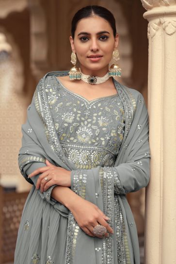 Sangeet Wear Embroidered Readymade Anarkali Salwar Kameez In Georgette Fabric Grey Color