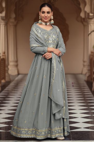 Sangeet Wear Embroidered Readymade Anarkali Salwar Kameez In Georgette Fabric Grey Color