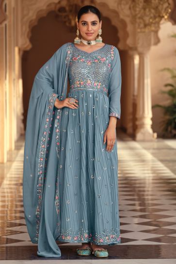 Georgette Fabric Reception Wear Embroidered Readymade Anarkali Salwar Kameez In Light Cyan Color