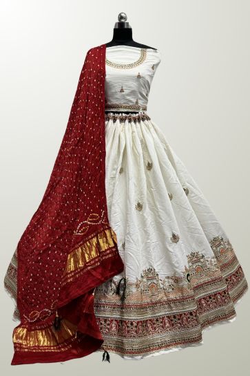 Plain Art Silk Fabric White Color Function Wear Lakhanavi Embroidered Lehenga