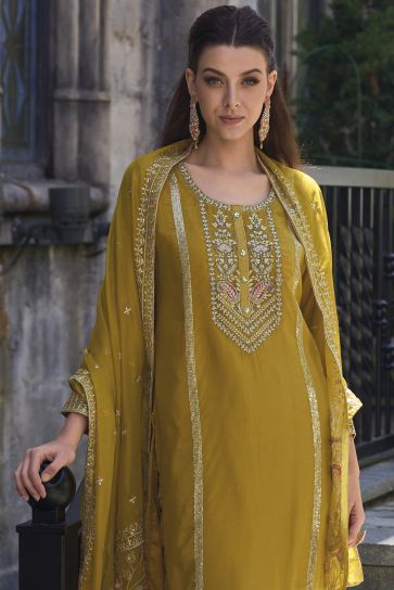 Organza Fabric Mustard Color Festive Wear Embroidered Readymade Straight Cut Salwar Kameez