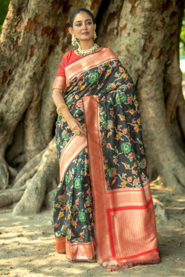 Black Banarasi Silk Weaving Work Reach Saree