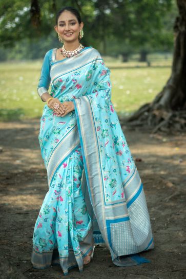 Banarasi Silk Weaving Work Reach Saree In Sky Blue Color