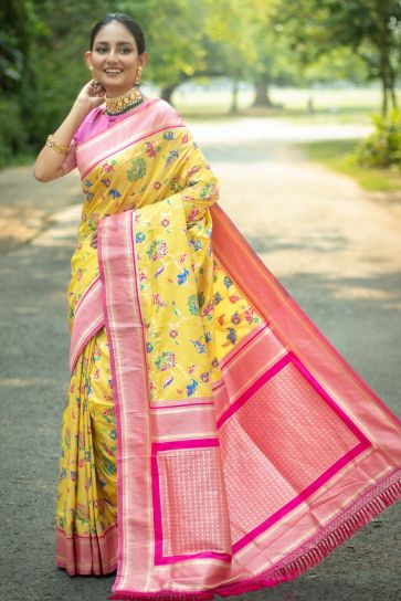 Delightful Yellow Weaving Work Reach Banarasi Silk Function Wear Saree