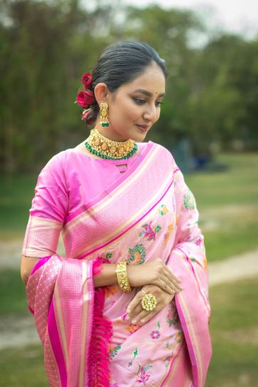 Traditional Banarasi Silk Weaving Work Reach Pink Saree
