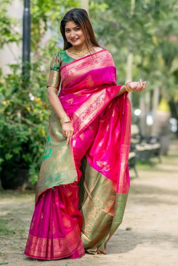 Sangeet Wear Tussar Silk Zari Weaving Rich Pallu Rani Color Saree