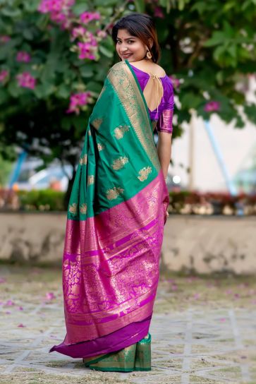 Tussar Silk Green Color Fancy Zari Weaving Rich Pallu Wedding Wear Saree