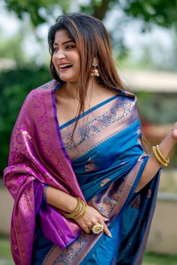 Reception Wear Tussar Silk Sky Blue Color Zari Weaving Rich Pallu Saree