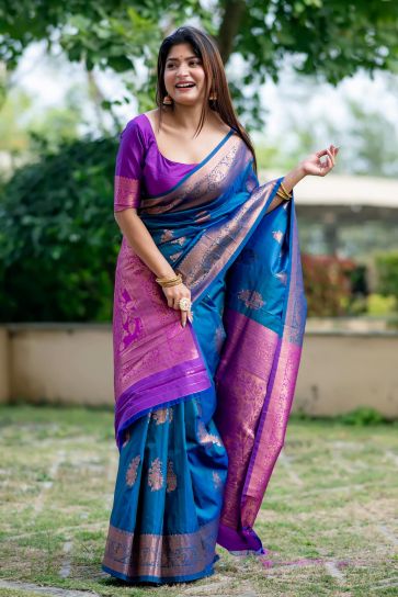 Reception Wear Tussar Silk Sky Blue Color Zari Weaving Rich Pallu Saree