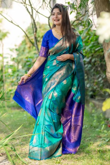 Adorable Sea Green Color Function Wear Tussar Silk Zari Weaving Rich Pallu Design Saree