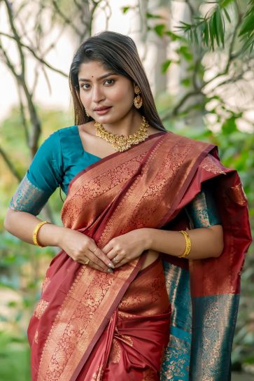 Maroon Color Tussar Silk Festive Wear Fancy Zari Weaving Rich Pallu Saree