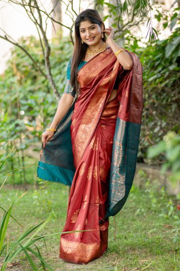 Maroon Color Tussar Silk Festive Wear Fancy Zari Weaving Rich Pallu Saree