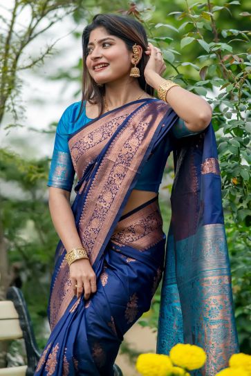 Tussar Silk Zari Weaving Rich Pallu Navy Blue Color Saree