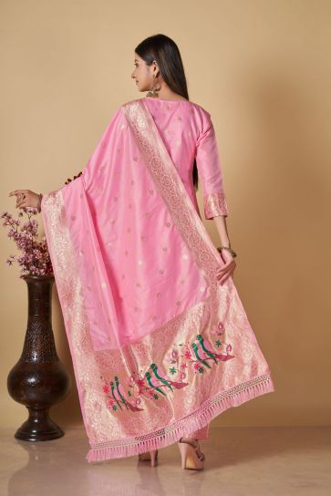 Attractive Pink Color Weaving Work Festive Wear Suit
