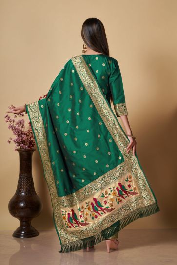 Excellent Dark Green Color Weaving Work Festive Wear Salwar Suit
