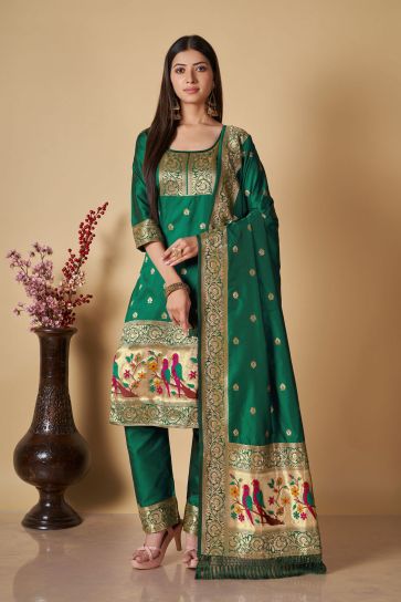 Excellent Dark Green Color Weaving Work Festive Wear Salwar Suit