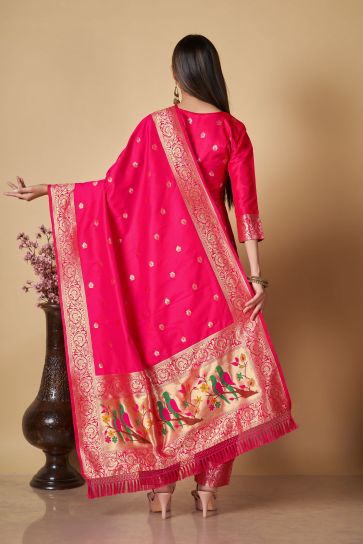 Rani Color Banarasi Silk Fabric Weaving Work Festive Wear Salwar Kameez