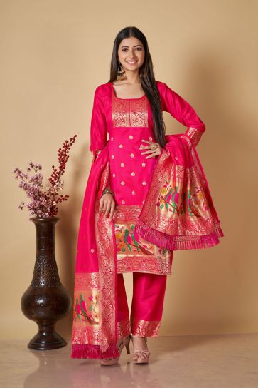 Rani Color Banarasi Silk Fabric Weaving Work Festive Wear Salwar Kameez