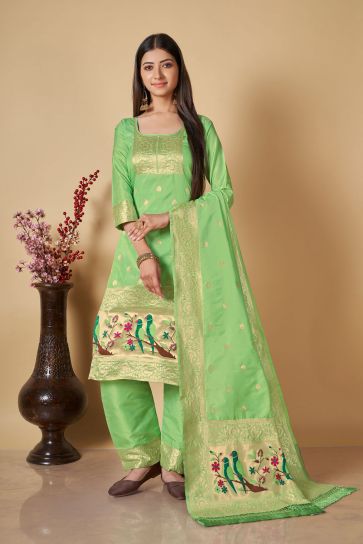 Banarasi Silk Fabric Weaving Work Festive Wear Salwar Suit In Sea Green Color