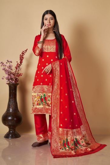 Red Color Banarasi Silk Fabric Weaving Work Festive Wear Fashionable Salwar Kameez