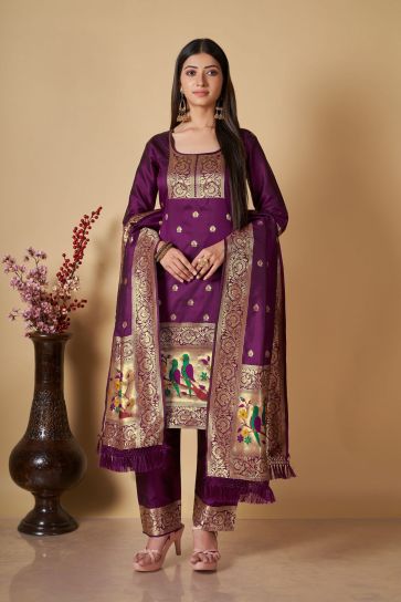 Banarasi Silk Fabric Weaving Work Festive Wear Stylish Salwar Suit