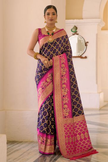 Attractive Navy Blue Color Weaving Work Banarasi Silk Traditional Saree
