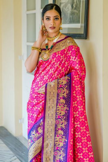 Traditional Banarasi Silk Weaving Work Rani Color Saree