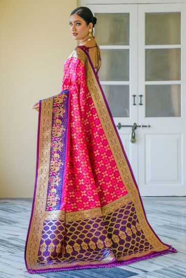 Traditional Banarasi Silk Weaving Work Rani Color Saree