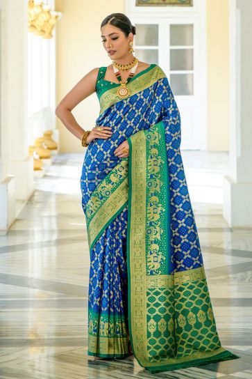 Festive Wear Banarasi Silk Blue Color Weaving Work Saree