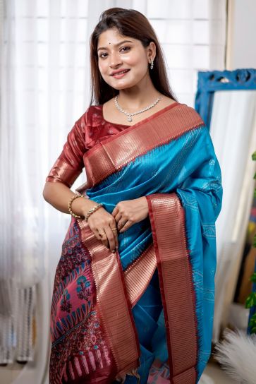 Cyan Color Art Silk Fabric Casual Simple Bandhani Printed Saree