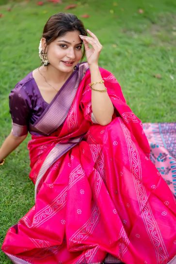 Rani Color Art Silk Fabric Bandhani Printed Saree