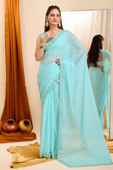 Sequins Work Attractive Festive Wear Georgette Saree In Sky Blue Color