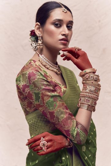 Art Silk Fabric Weaving Work Green Color Wedding Wear Designer Saree