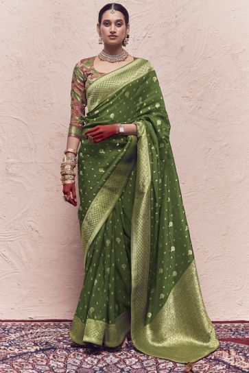 Art Silk Fabric Weaving Work Green Color Wedding Wear Designer Saree