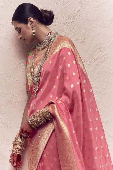 Weaving Work Pink Color Art Silk Fabric Reception Wear Saree