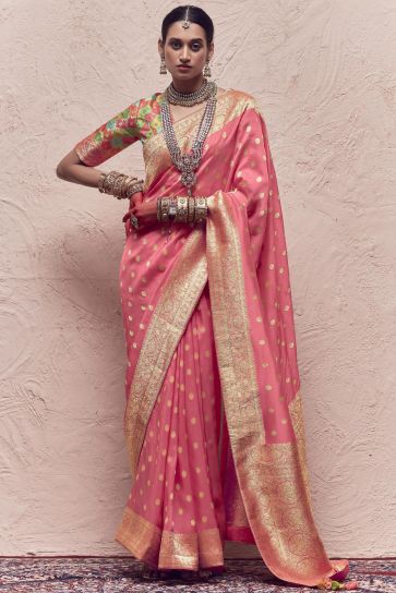 Weaving Work Pink Color Art Silk Fabric Reception Wear Saree