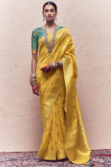 Mustard Color Art Silk Fabric Weaving Work Function Wear Fancy Saree