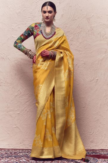 Yellow Color Weaving Work Art Silk Fabric Sangeet Wear Saree