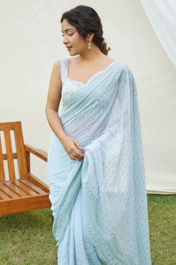 Sky Blue Color Glorious Festive Wear Georgette Saree With Sequins Work
